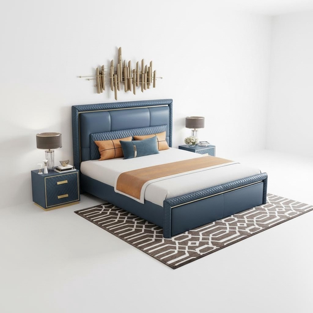 Schlafzimmer Set Bett 2x Nachttisch 3 tlg Design Modern Luxus Blau Gold