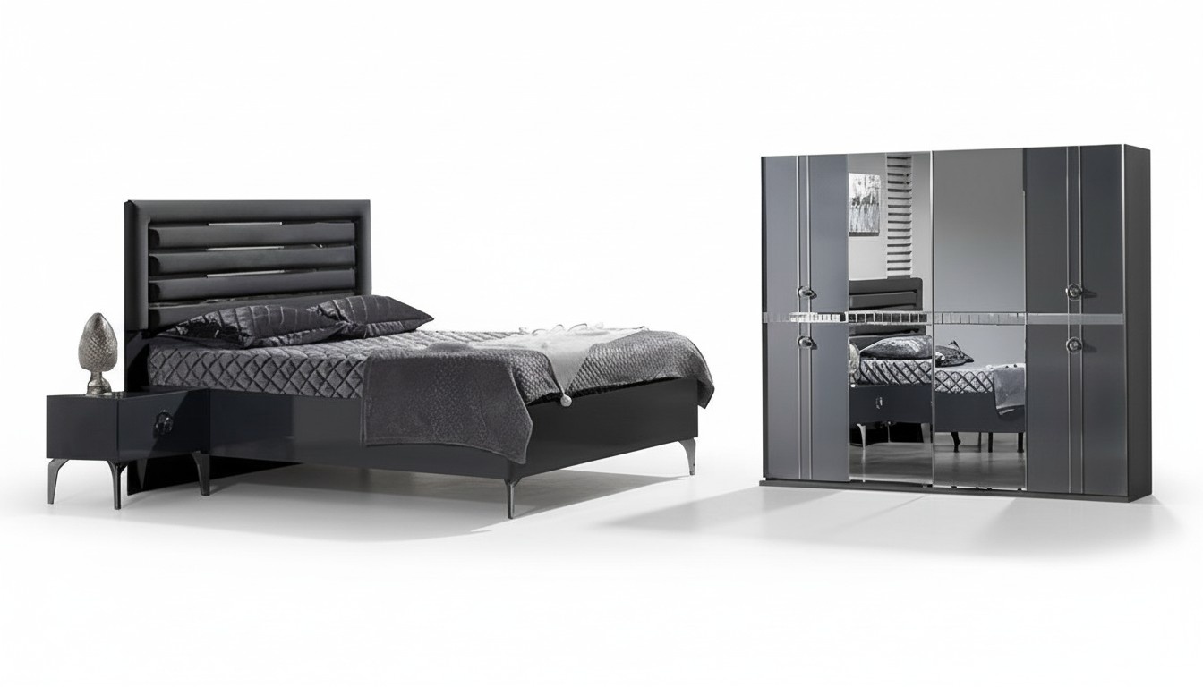 Schlafzimmer Set Bett 2x Nachttische Schrank Luxus Moderne Möbel 4tlg Schwarz