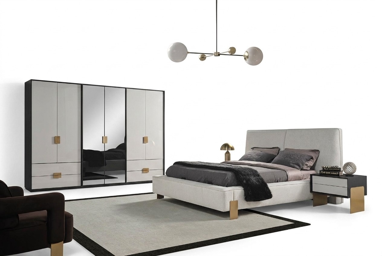 Schlafzimmer Set Bett 2x Nachttische Kleiderschrank Luxus 4tlg.Holz