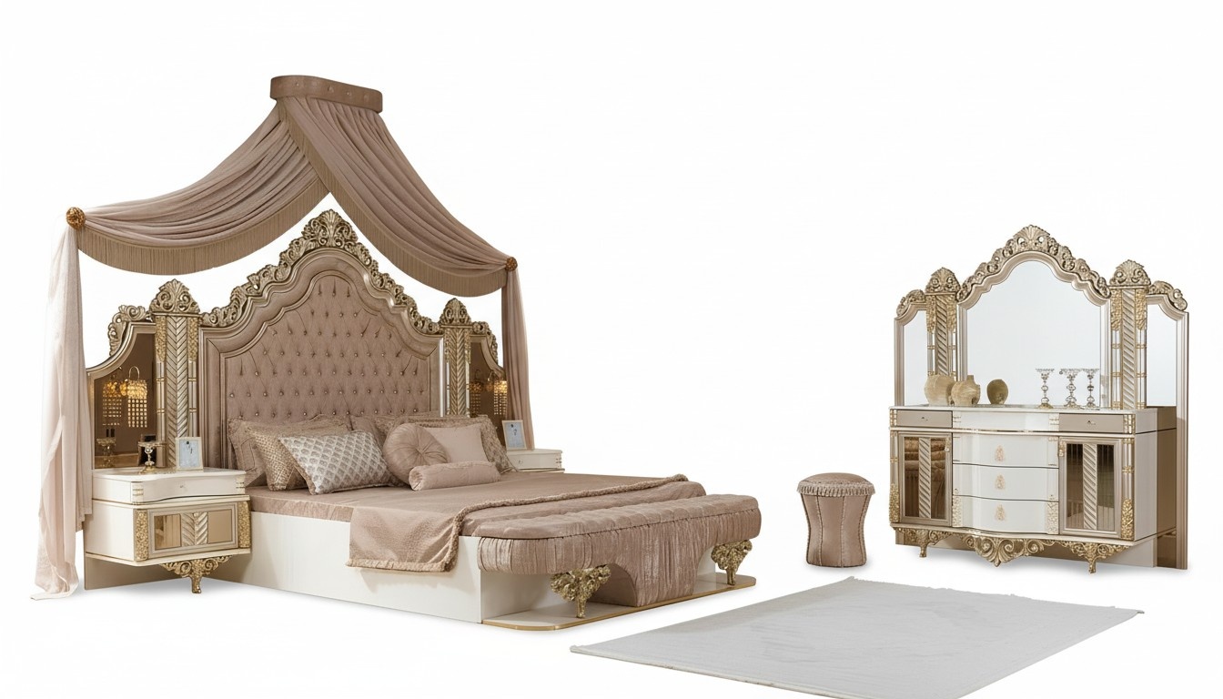 Schlafzimmer Set Bett 2xNachttische Schminktisch mit-Spiegel Luxus