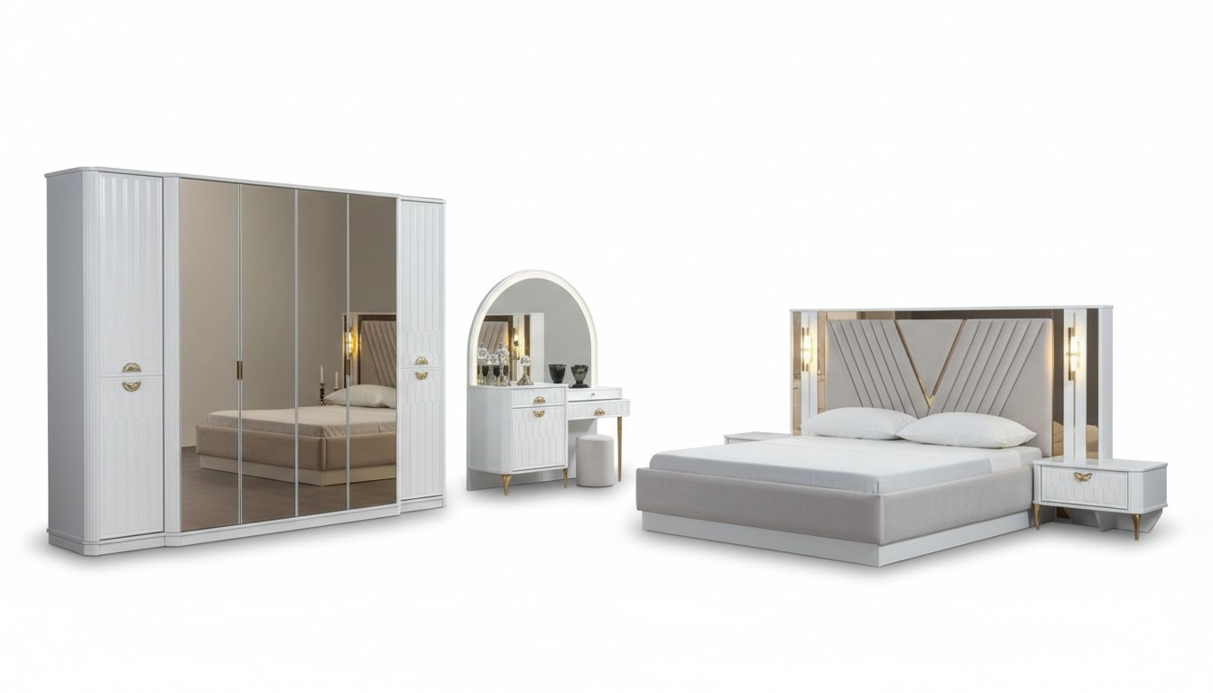 Schlafzimmer Set Bett Nachttisch Kommode Spiegel Kleiderschrank 5tlg.