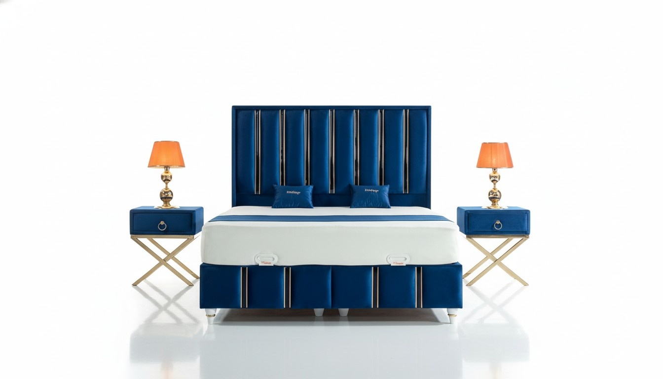 Schlafzimmer Set Blau Metall Bett Elegantes Stil 2x Nachttische 3tlg.