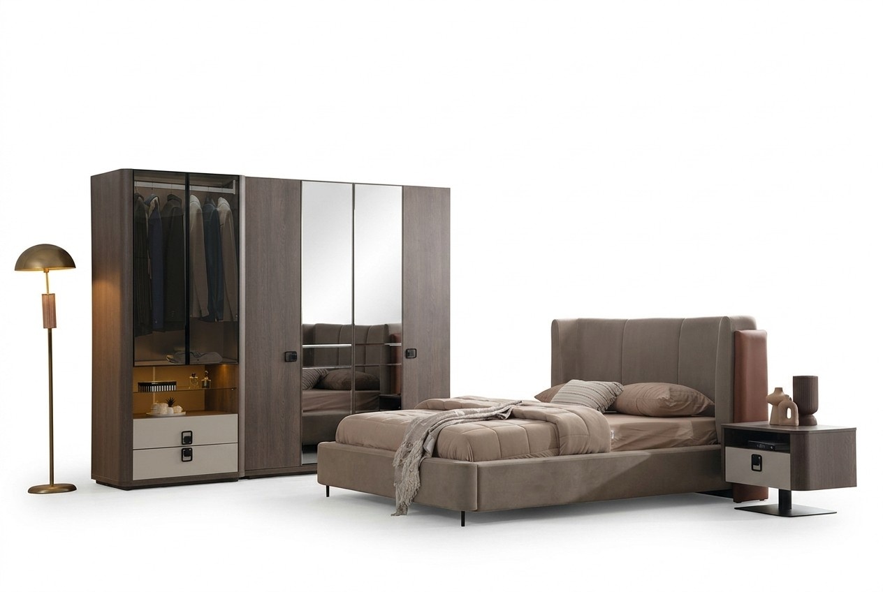 Schlafzimmer-Set Braun Holz Modern mit Bett, Kleiderschrank
