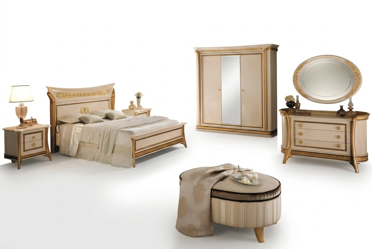 Schlafzimmer Set Design Bett 2x Nachttisch Kommode Hocker arredoclassic 7tlg.