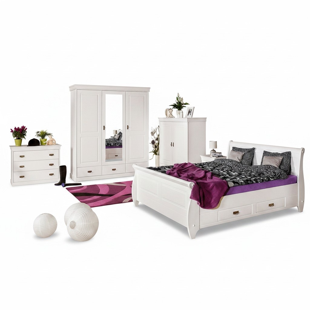 Schlafzimmer Set Design Landhaus Luxus Möbel Bett Nachttisch Kommode Neu 6 tlg.
