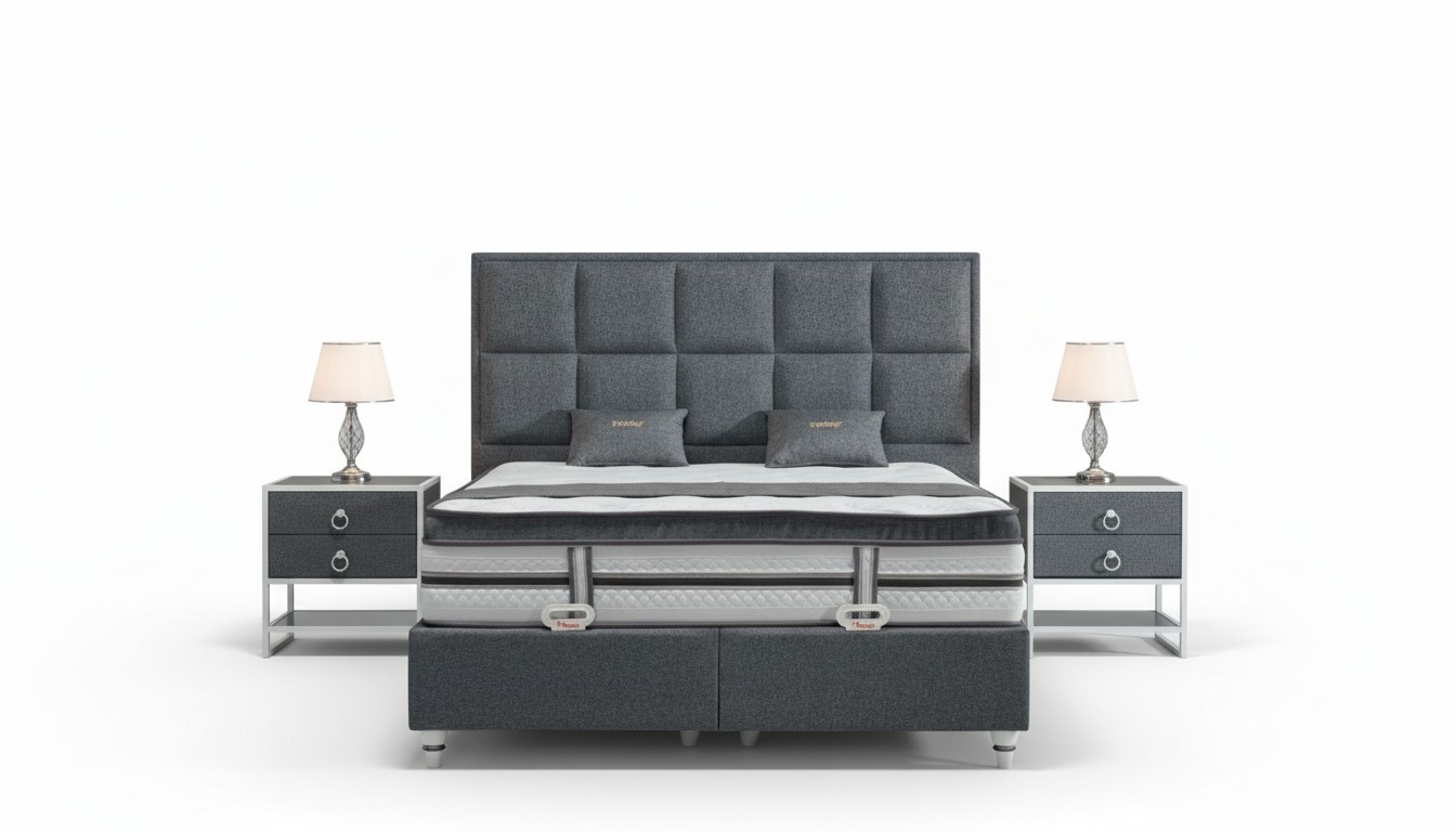 Schlafzimmer Set Grau Bett Design Modern Luxus 2x Nachttische 3 tlg.