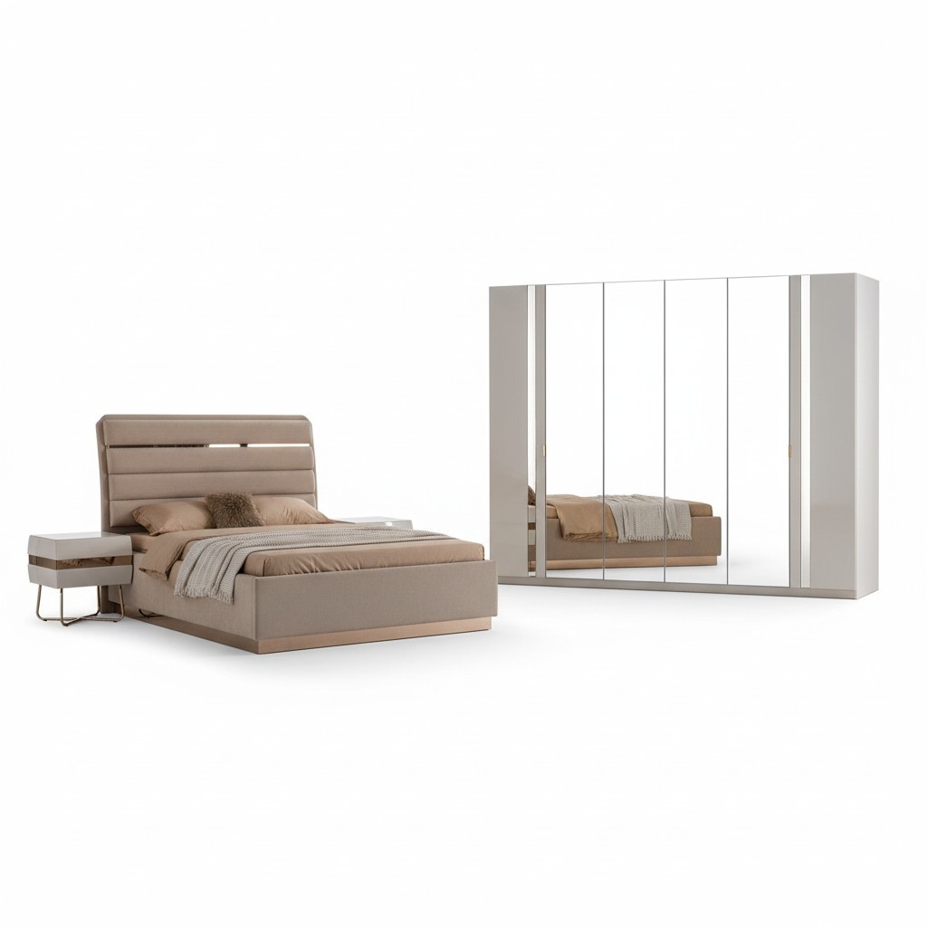 Schlafzimmer Set Komplett Bett 2x Nachttische Kleiderschrank Verspiegelt
