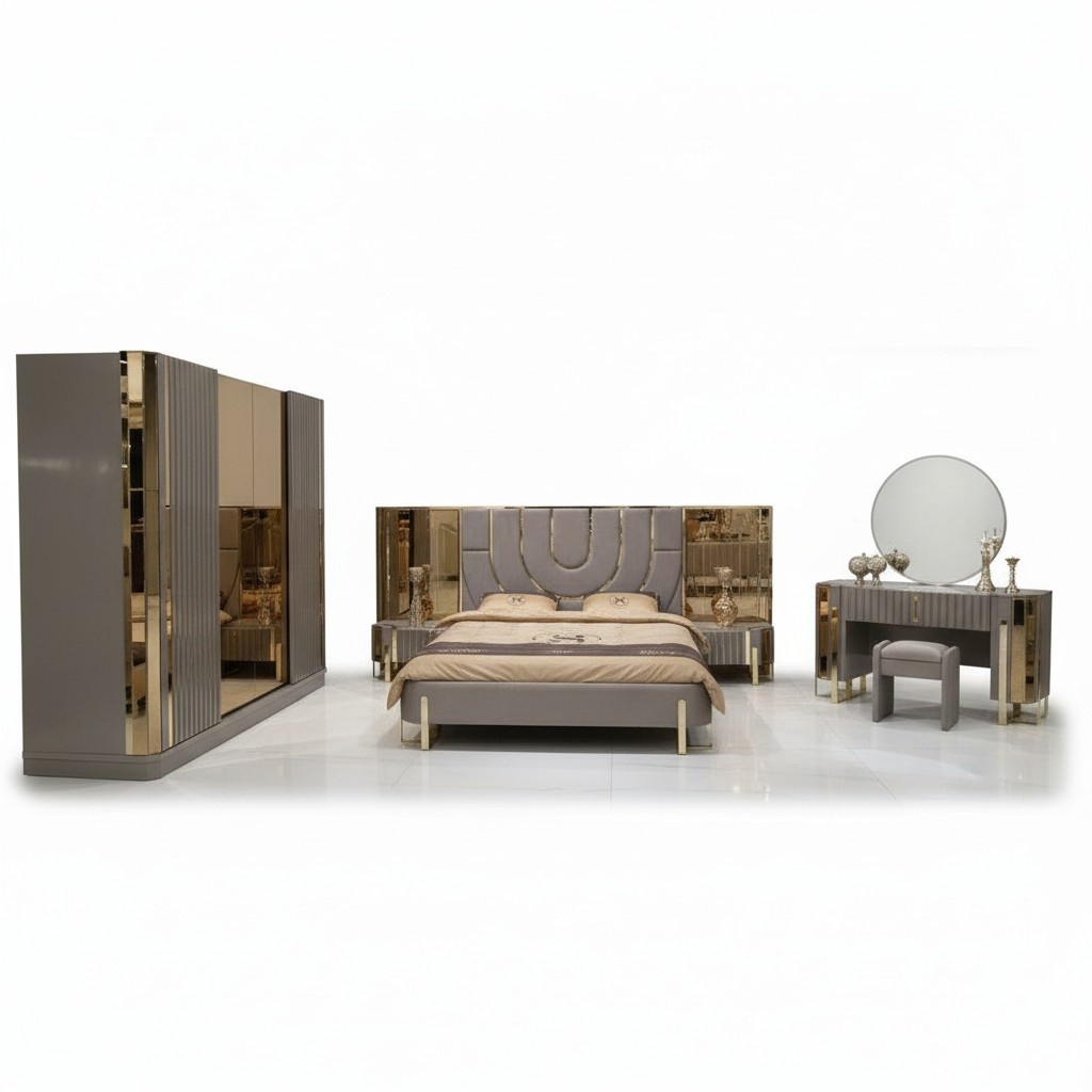 Schlafzimmer Set Luxus Komplettes Bett 2x Nachttisch Kleiderschrank 4tlg