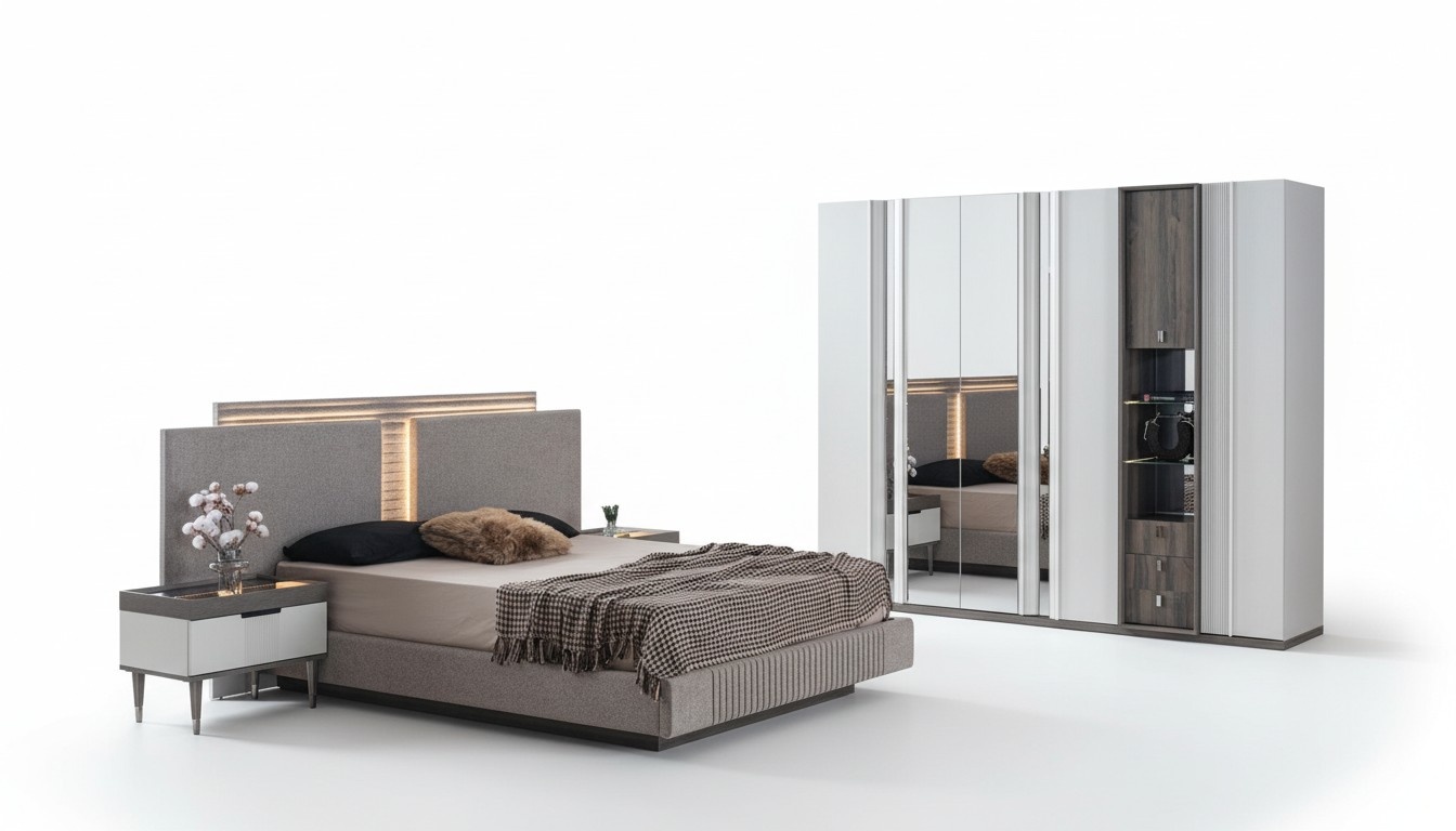 Schlafzimmer Set Modern Bett 2x Nachttisch und Kleiderschrank 4tlg Neu