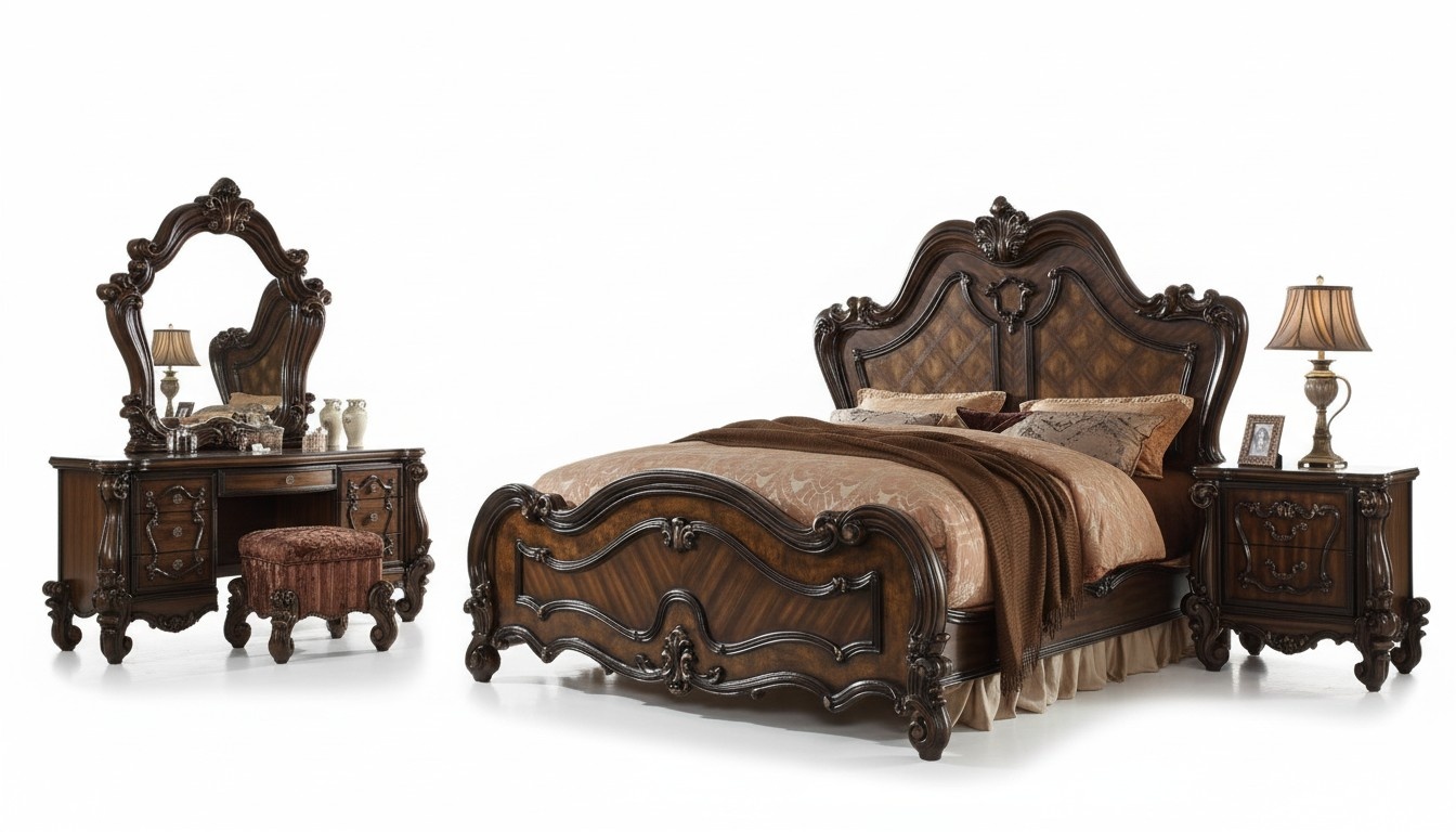 Schlafzimmer Set Nachttische Bett 5tlg. Barock Rokoko Antik Stil Holz Bett neu