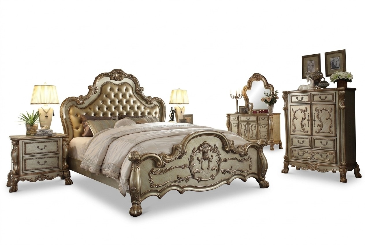 Schlafzimmer Set Nachttische Bett 5tlg. Barock Rokoko Antik Stil Holz Bett Neu