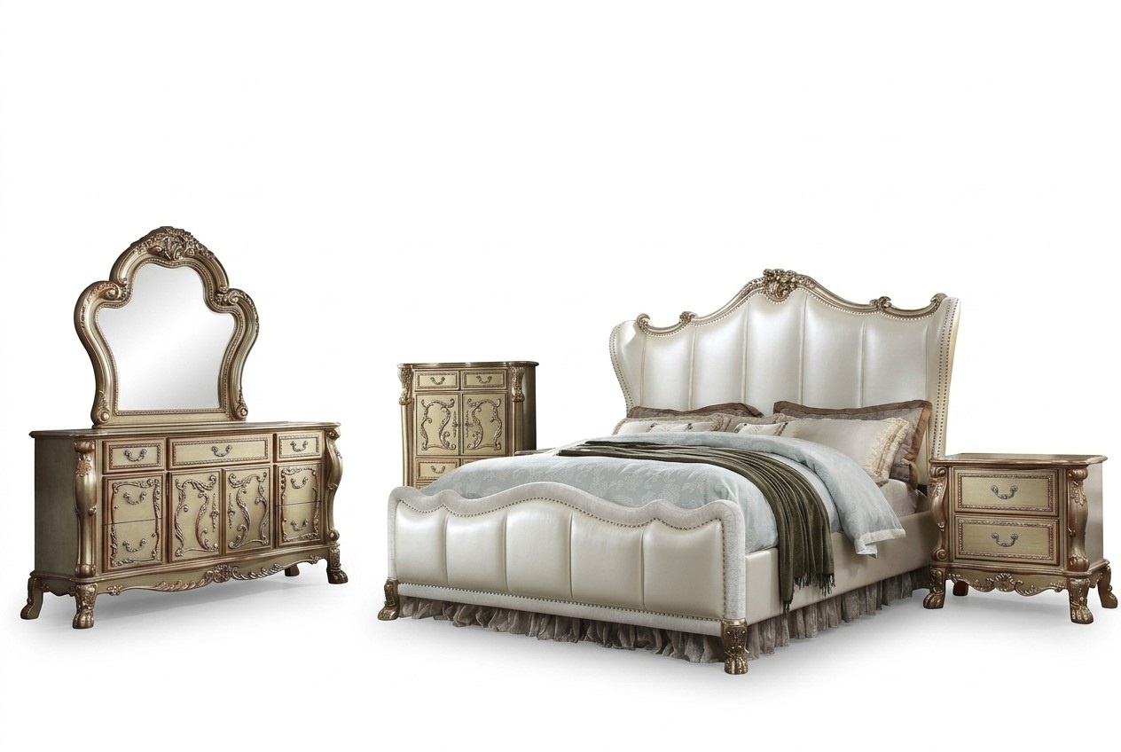 Schlafzimmer Set Nachttische Bett 5tlg. Barock Rokoko Antik Stil Holz Bett Neu