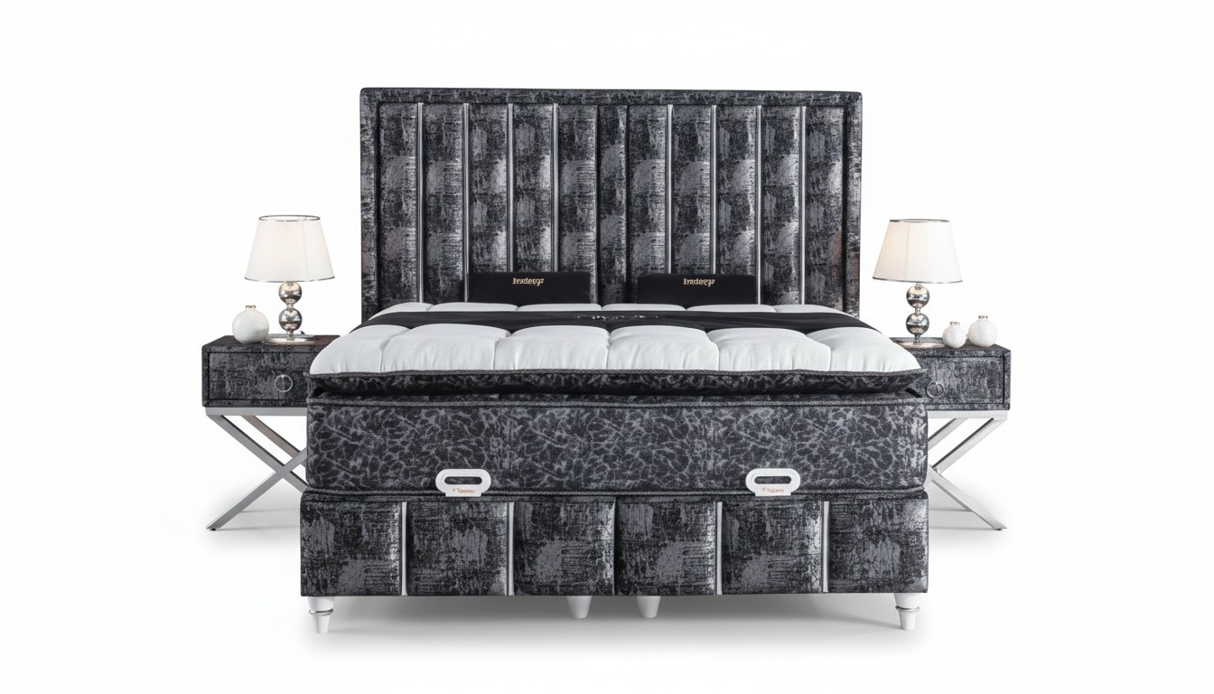 Schlafzimmer Set Schwarz Bett Design mit Matratze 2x Nachttische 3 tlg