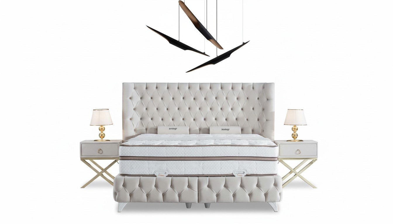 Schlafzimmer Set Weiß Boxspring Bett Chesterfield 2x Nachttische 3tlg.