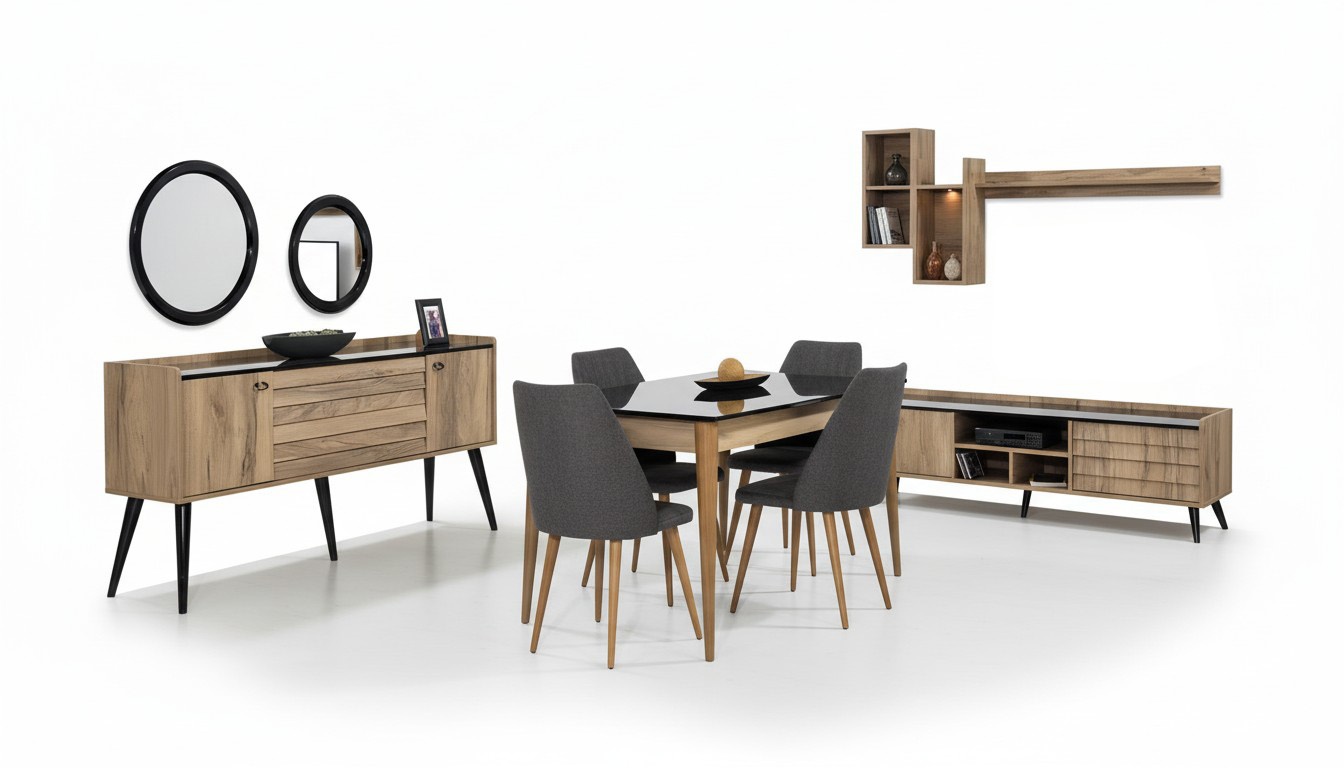 Schwarz-Braunes Esszimmer Set Esstisch 4x Stühle Sideboard Spiegel 8tlg