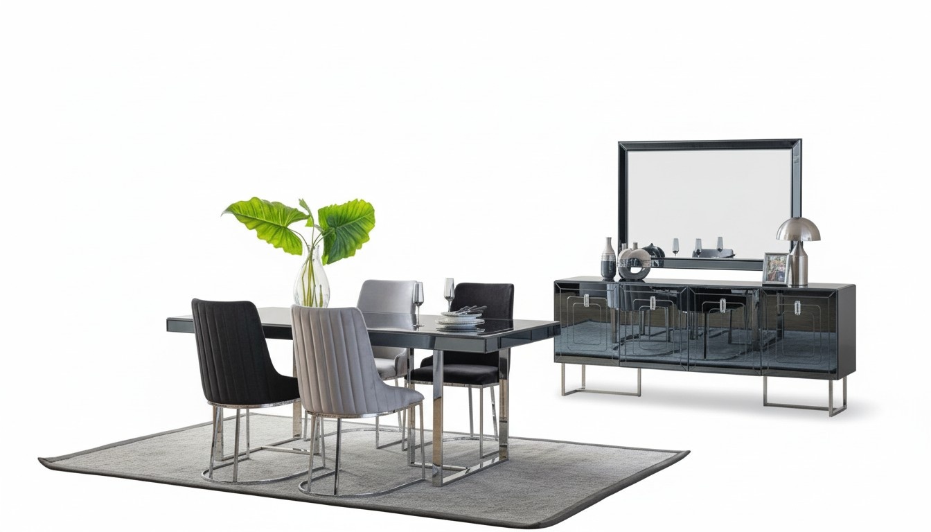 Schwarz-Graue Esszimmer Möbel Rechteckiger Esstisch 4x Textil Stühle