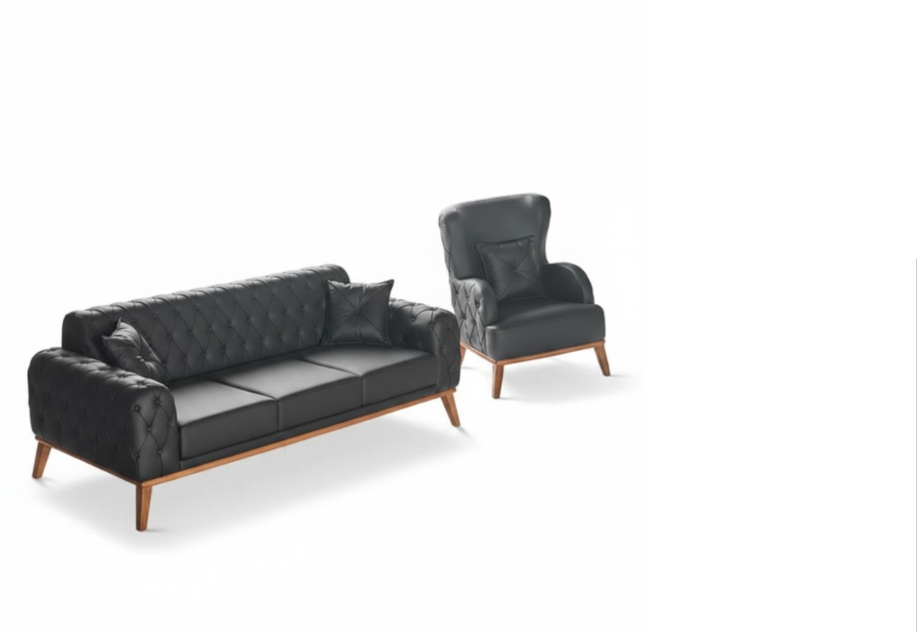 Schwarze Arbeitszimmer Sitzmöbel Designer Leder 3-Sitzer 1x Sessel 2tlg