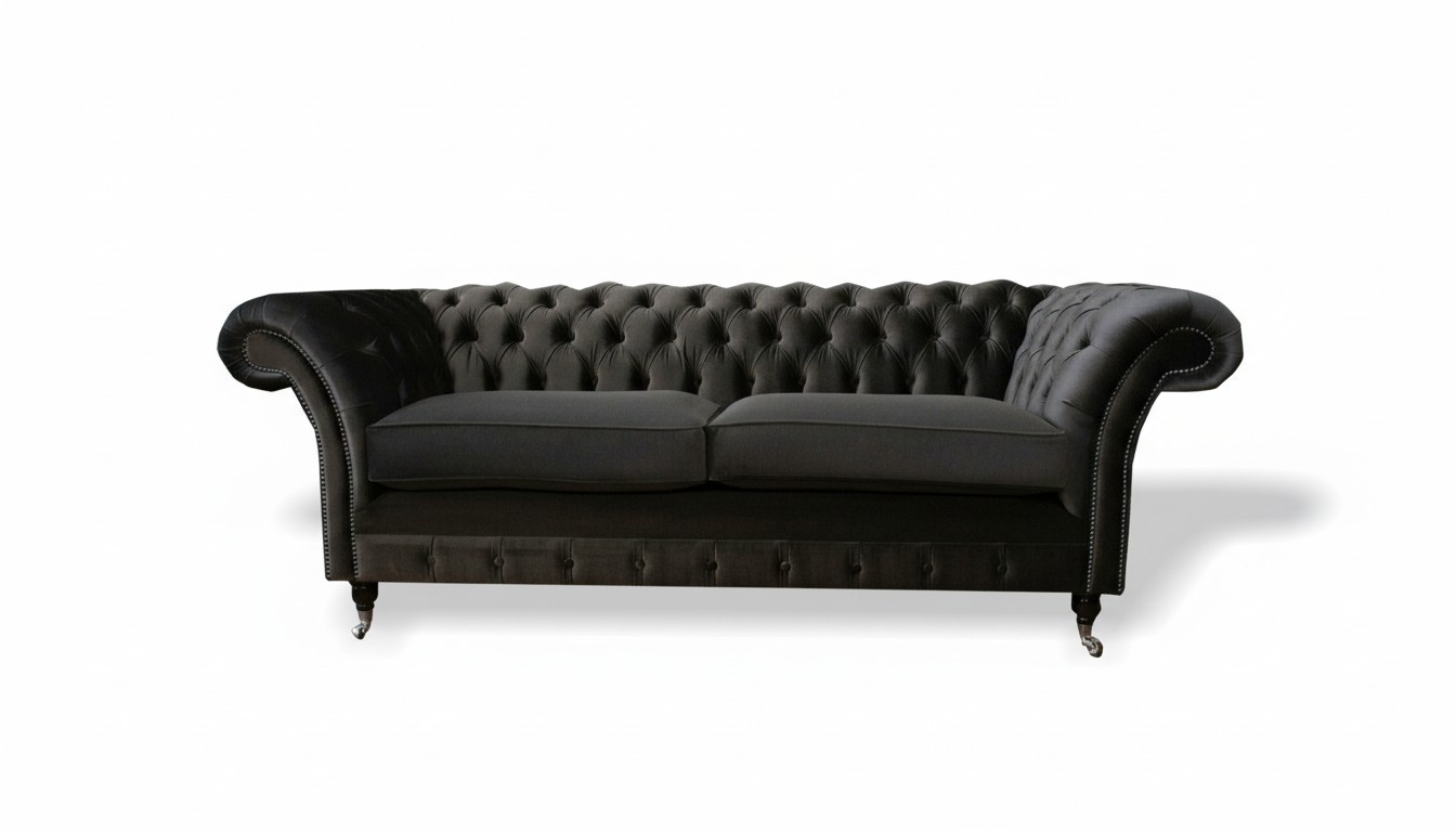 Schwarze Chesterfield Dreisitzer Sofa Couch Polster Wohnzimmer Möbel Stoff Neu