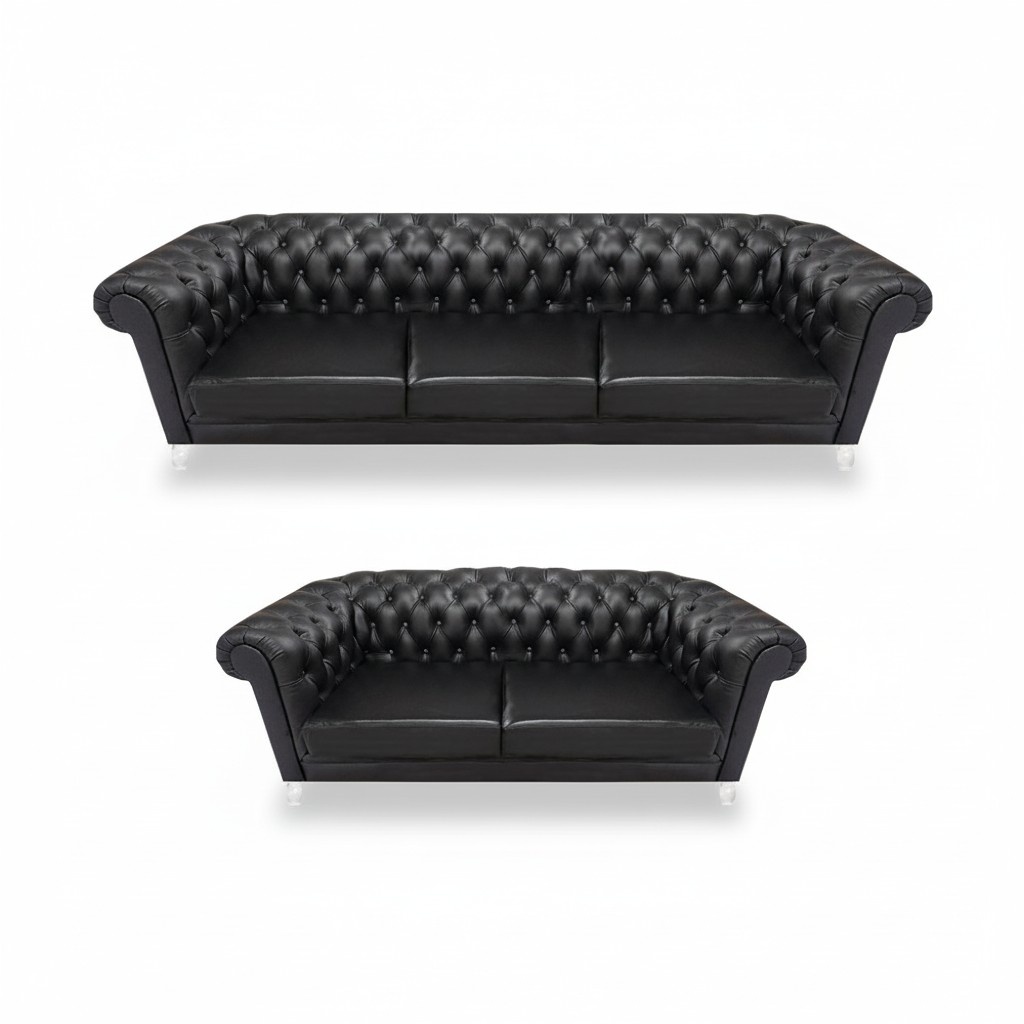 Schwarze Chesterfield Kunstleder Sofas Moderne Wohnzimmer Garnitur 2tlg