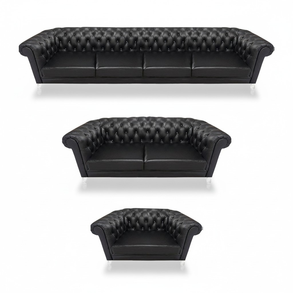 Schwarze Chesterfield Ledergarnitur Designer 4-Sitzer Zweisitzer Sessel