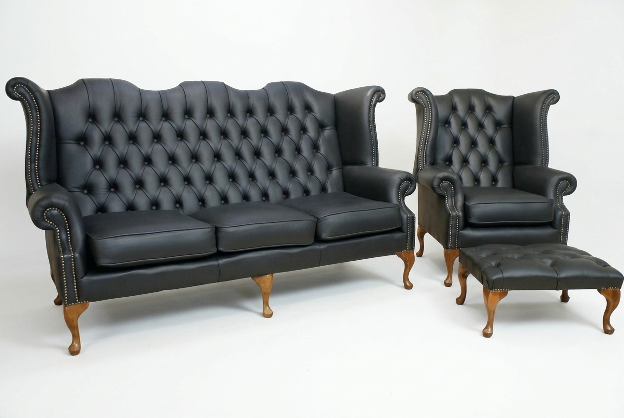 Schwarze Chesterfield Ledersofa Couch Polster Garnitur 3+1 Sitzer Ohrensessel