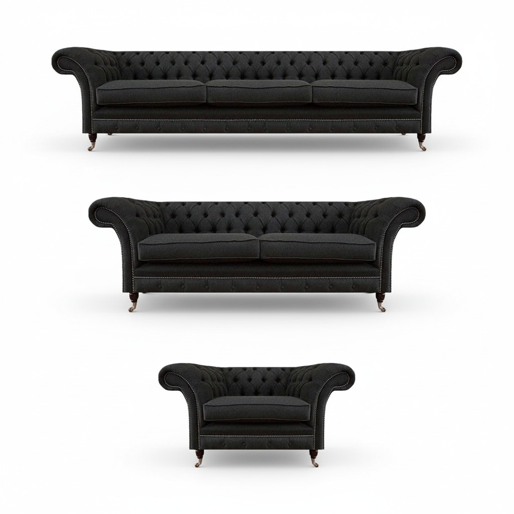 Schwarze Chesterfield Textil Couchen Edles Möbelset Designer Sofas 3tlg