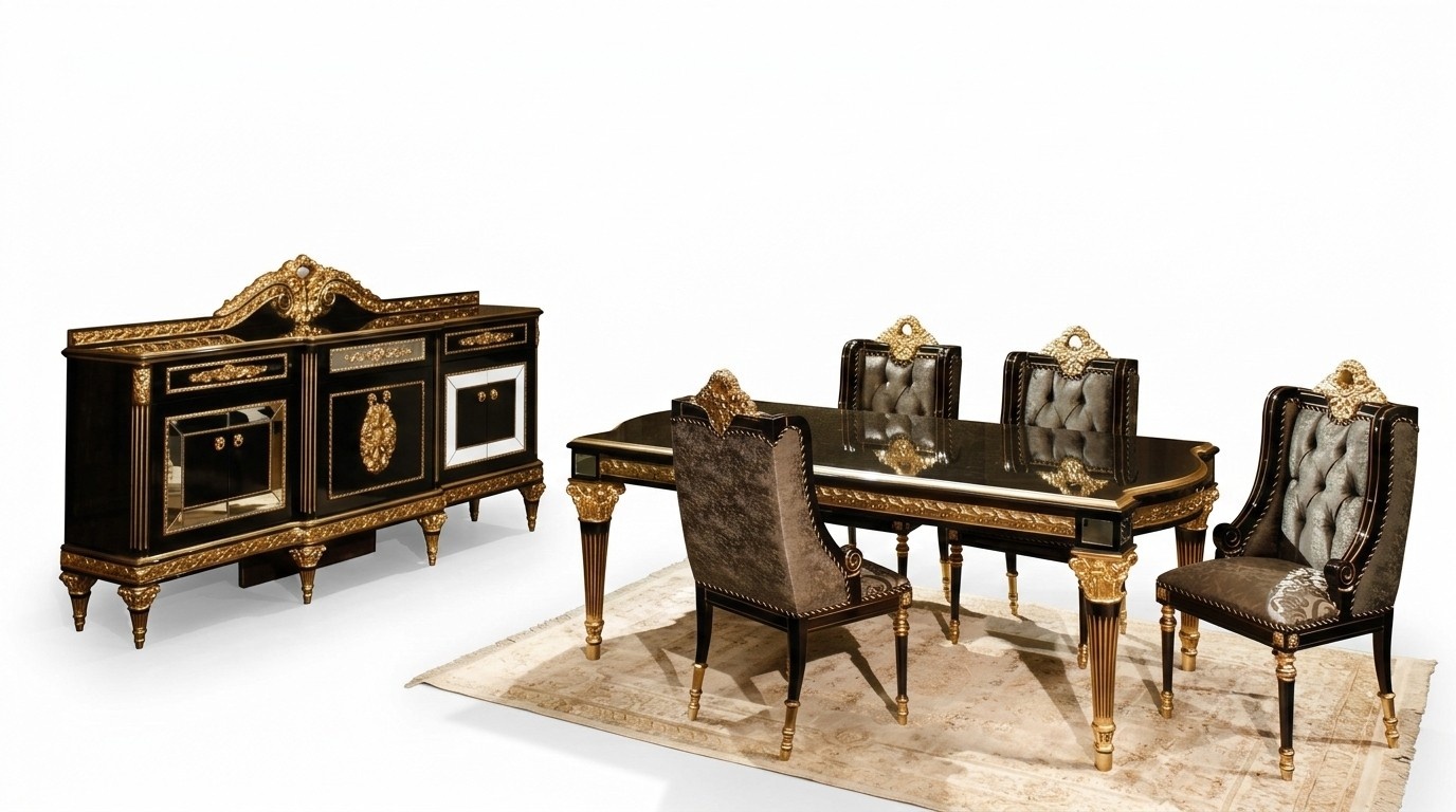 Schwarze Klassische Esszimmergarnitur Esstisch 4x Stühle Vitrine 7tlg