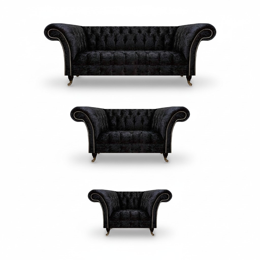 Schwarze Textil Chesterfield Garnitur Edler Dreisitzer Lehnsessel 3tlg