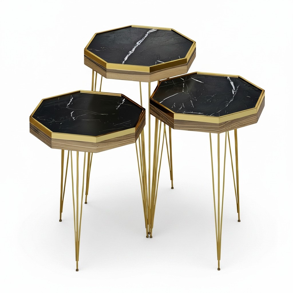 Design Couchtisch Set 3-teilig Oktagonal Marmor-Optik Schwarz mit Goldenen Akzenten