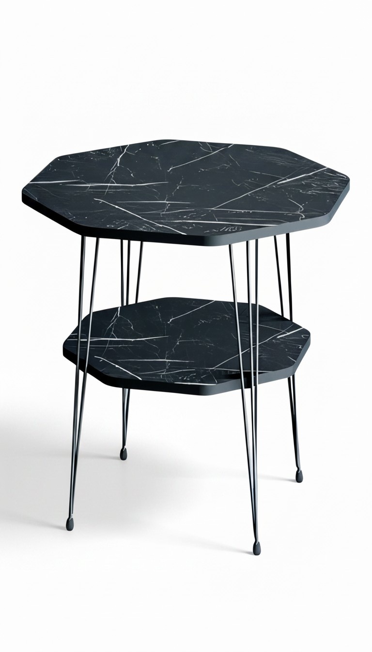 Eleganter Couchtisch mit zwei Ebenen und schwarzer Marmor-Optik