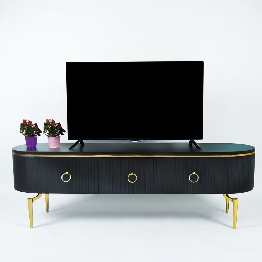 Schwarzer TV-Lowboard mit fließenden Formen und eleganten Linien
