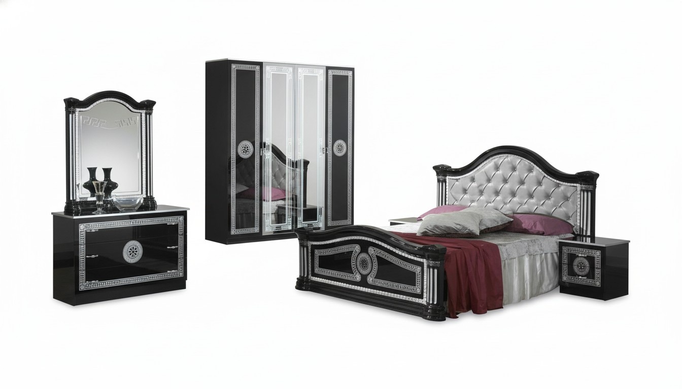 Schwarzes Schlafzimmer Komplett Set Kommode Stil Bett Garnitur 6tlg. Barock Neu