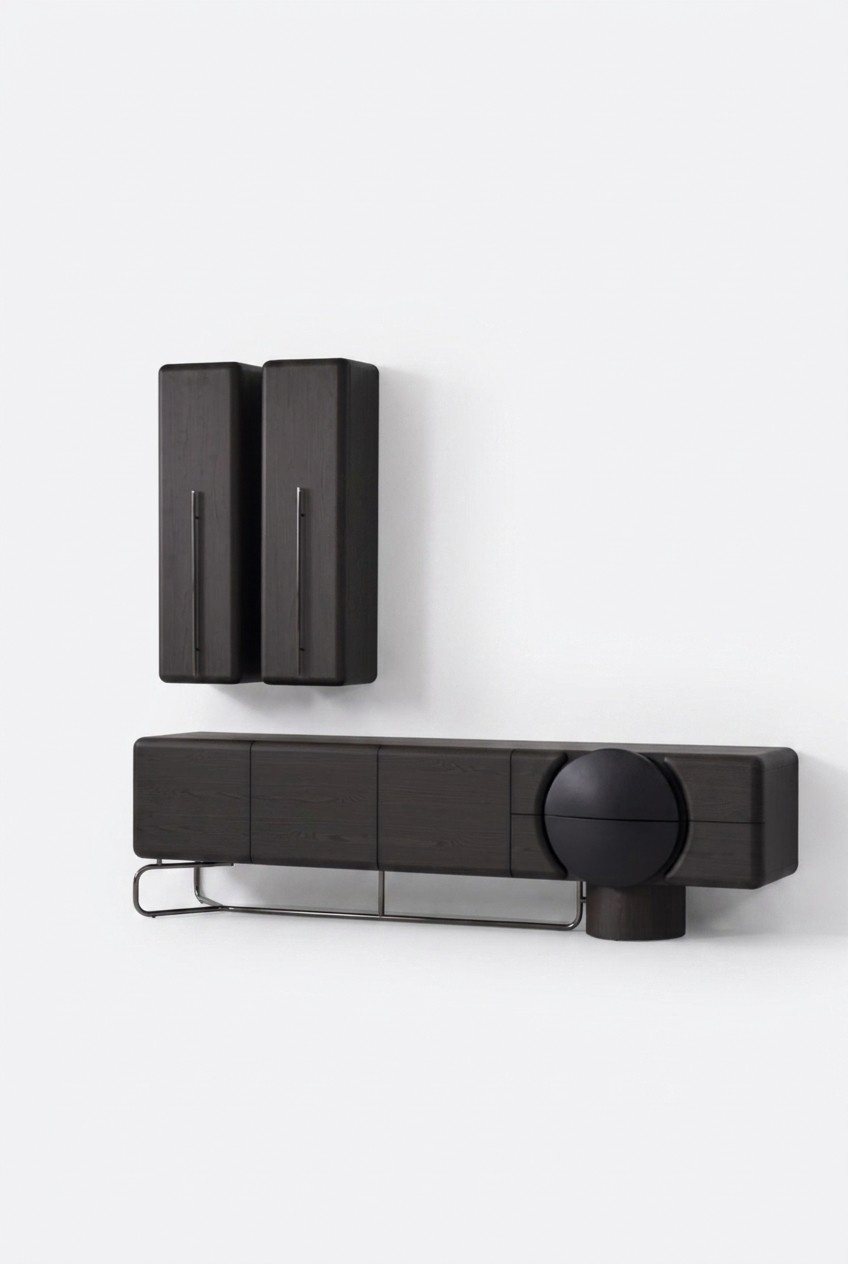 Schwarzes Wohnzimmer Set aus Holz mit Wandschrank und TV-Lowboard