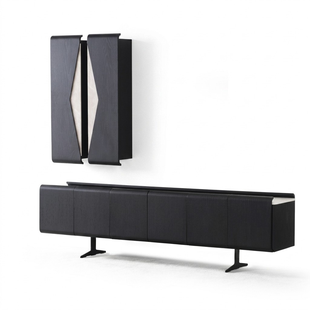 Schwarzes Wohnzimmer Set mit Wandschrank und TV-Lowboard aus Holz