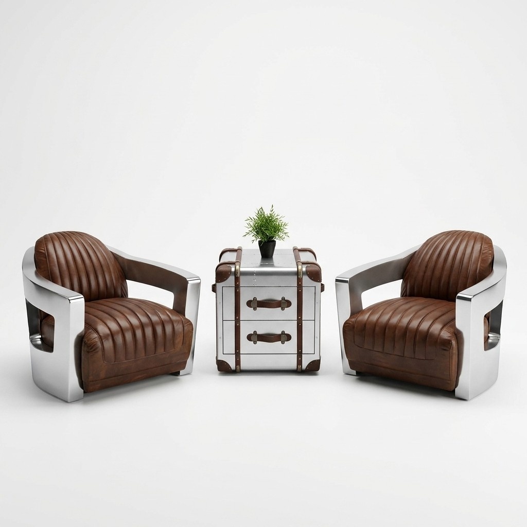 Beistelltisch Vintage Leder Möbel Aluminium Silber Alu Tisch