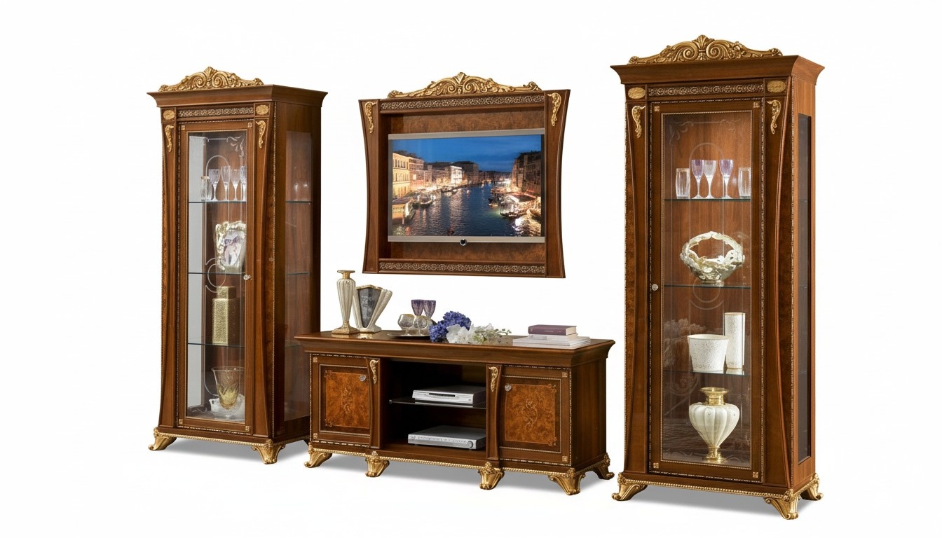 Set 4tlg. Wohnzimmer rtv 2x Vitrine tv Rahmen Holz Luxus Garnitur Gruppe Italien