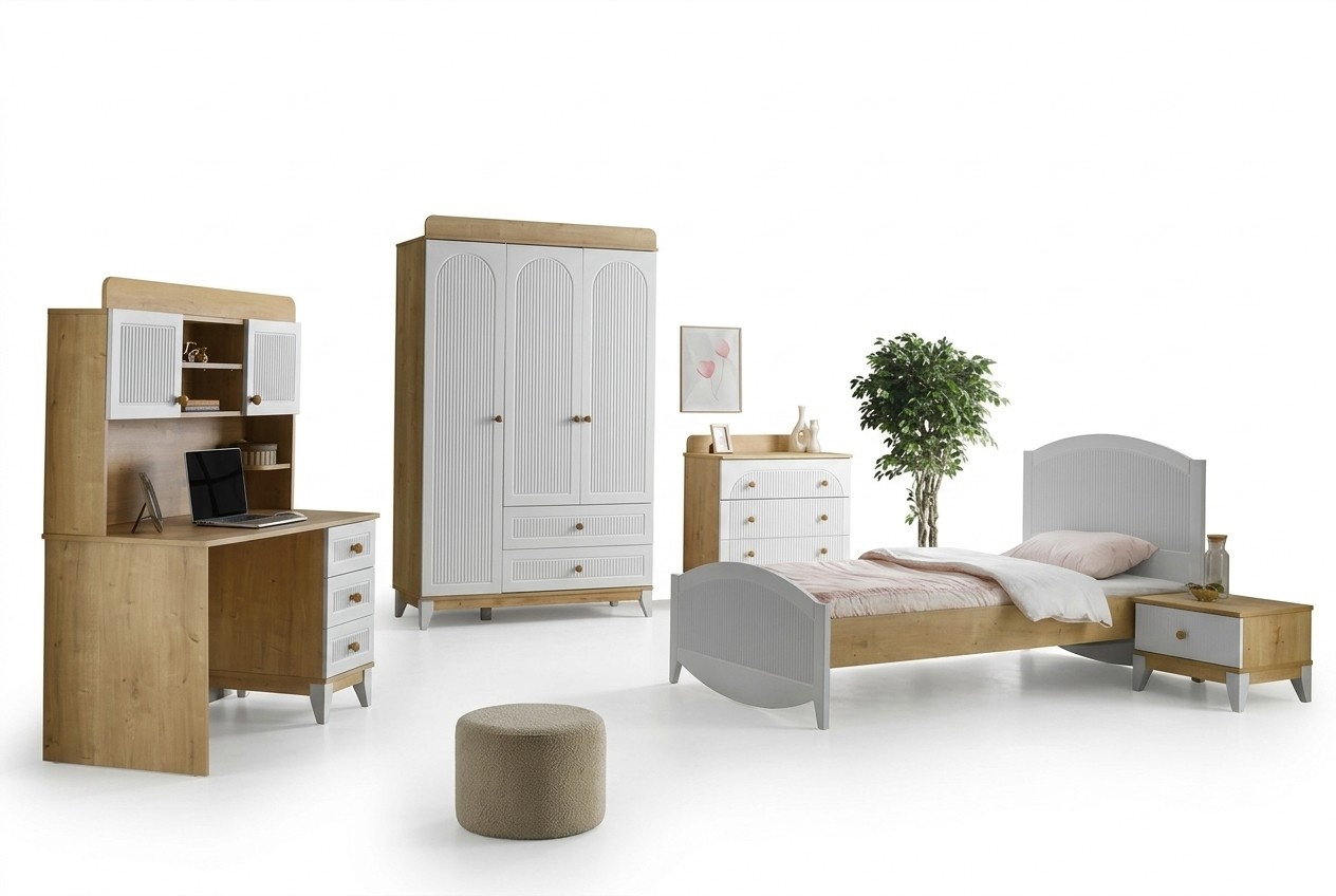 Set Bett Nachttisch Kommode Kleiderschrank und Schreibtisch Schlafzimmer 5tlg