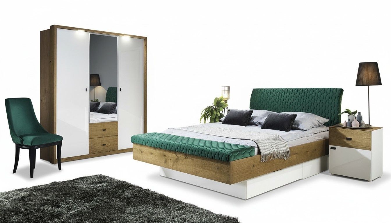 Set Designer Polsterbett Bett Betten Stoff Ehebett Designerbett Nachttisch 2tlg.