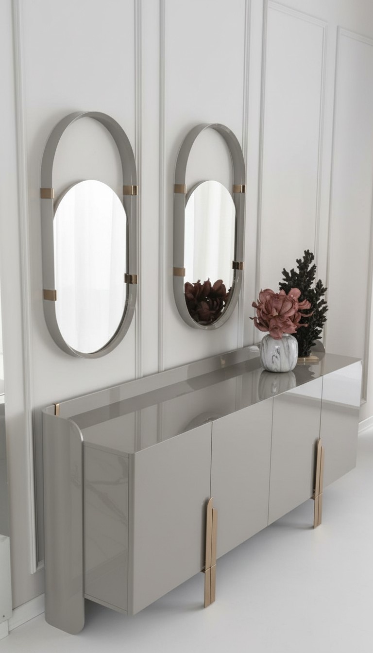 Sideboard Anrichte mit 2x Designer Spiegele Oval Hochglanz Edelstahl