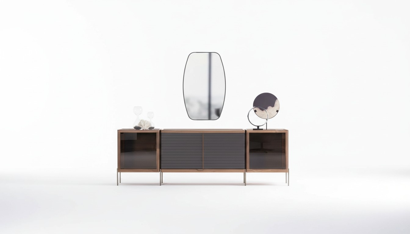 Sideboard Anrichte mit Spiegel Mit Glasfront Marmoroptik Holz Edelstahl