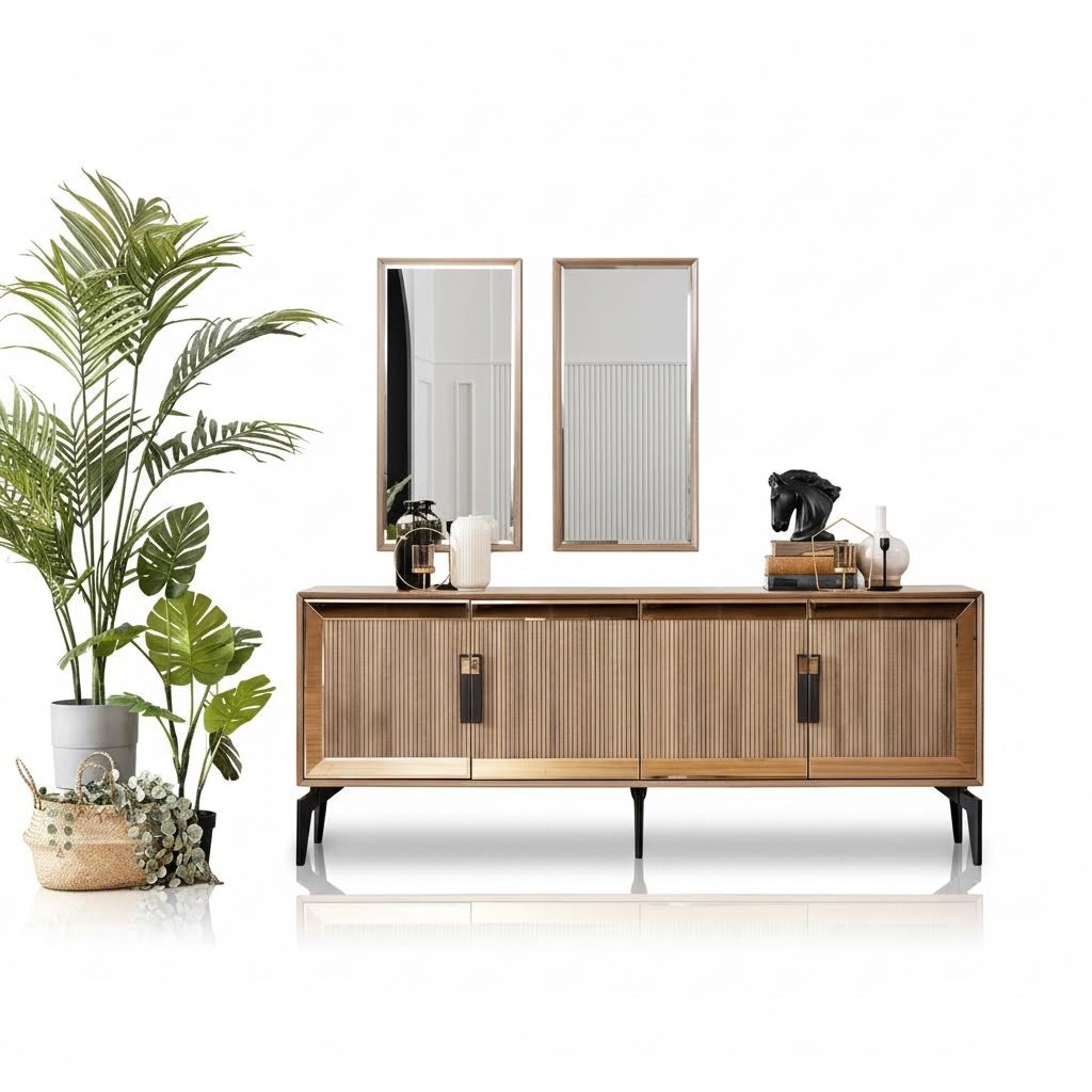 Sideboard Anrichte mit Spiegel Gruppe Kommode Holz Gold Esszimmer
