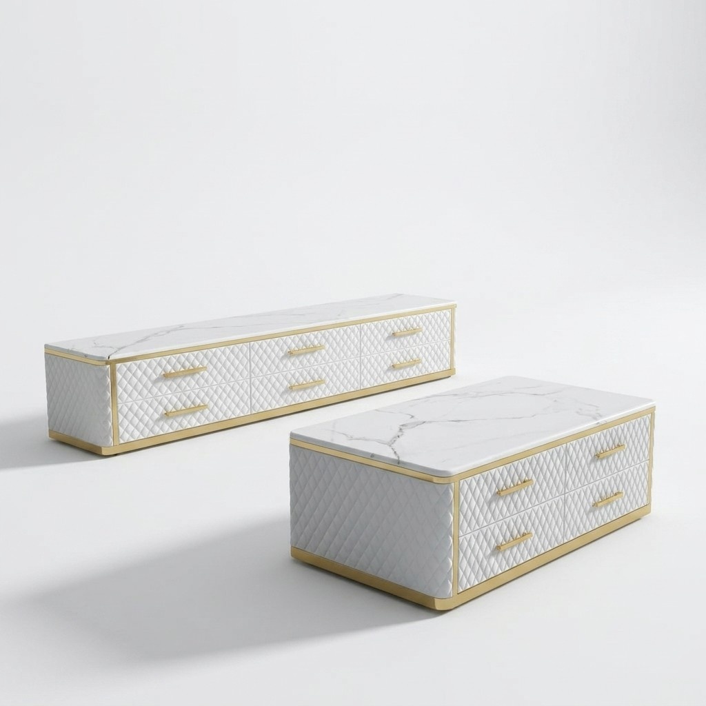 Sideboard TV Lowboard RTV XL Schrank Couchtisch Wohnzimmer Marmor Imitation 2tlg