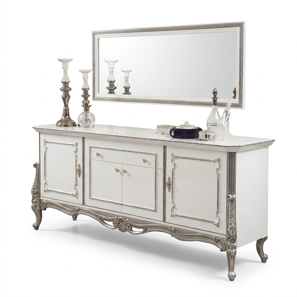 Sideboard Weiß Silber Anrichte Konsolen Italienischer Stil 2tlg. Spiegel
