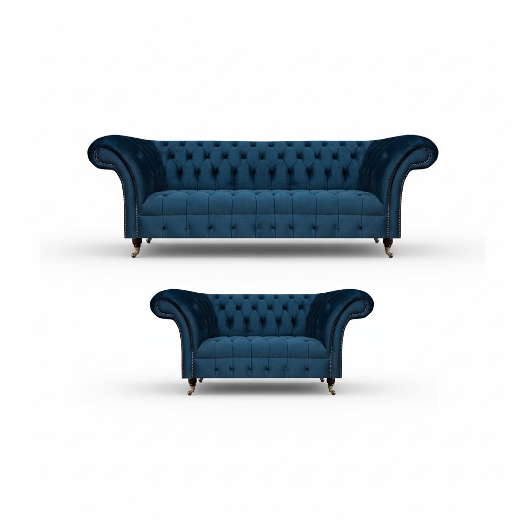 Sitzmöbel Sofagarnitur 2x Sofas Set Chesterfield Wohnzimmer Blau Polstersofa