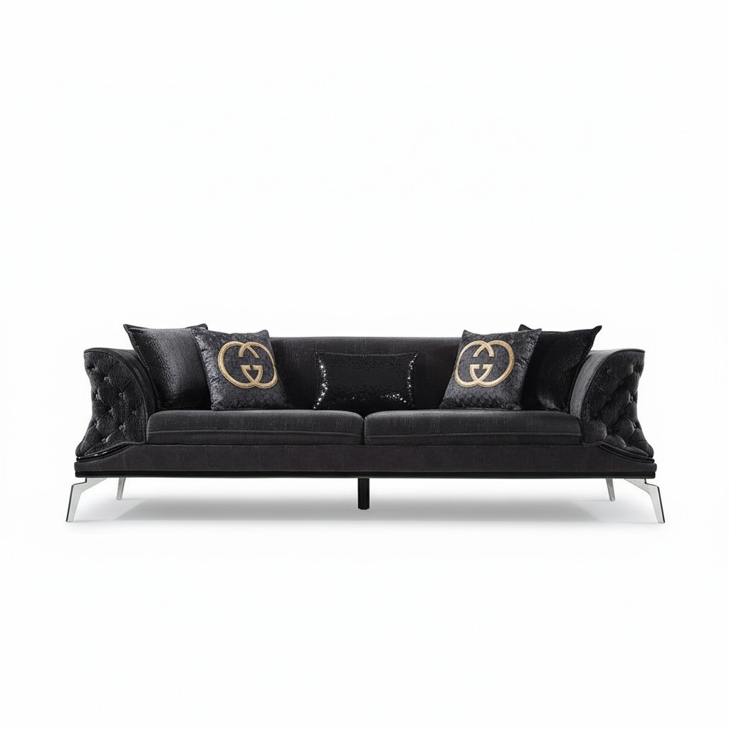 Sofa 3 Sitz Polster Möbel Dreisitzer Couchen schwarz Holz mit Metall