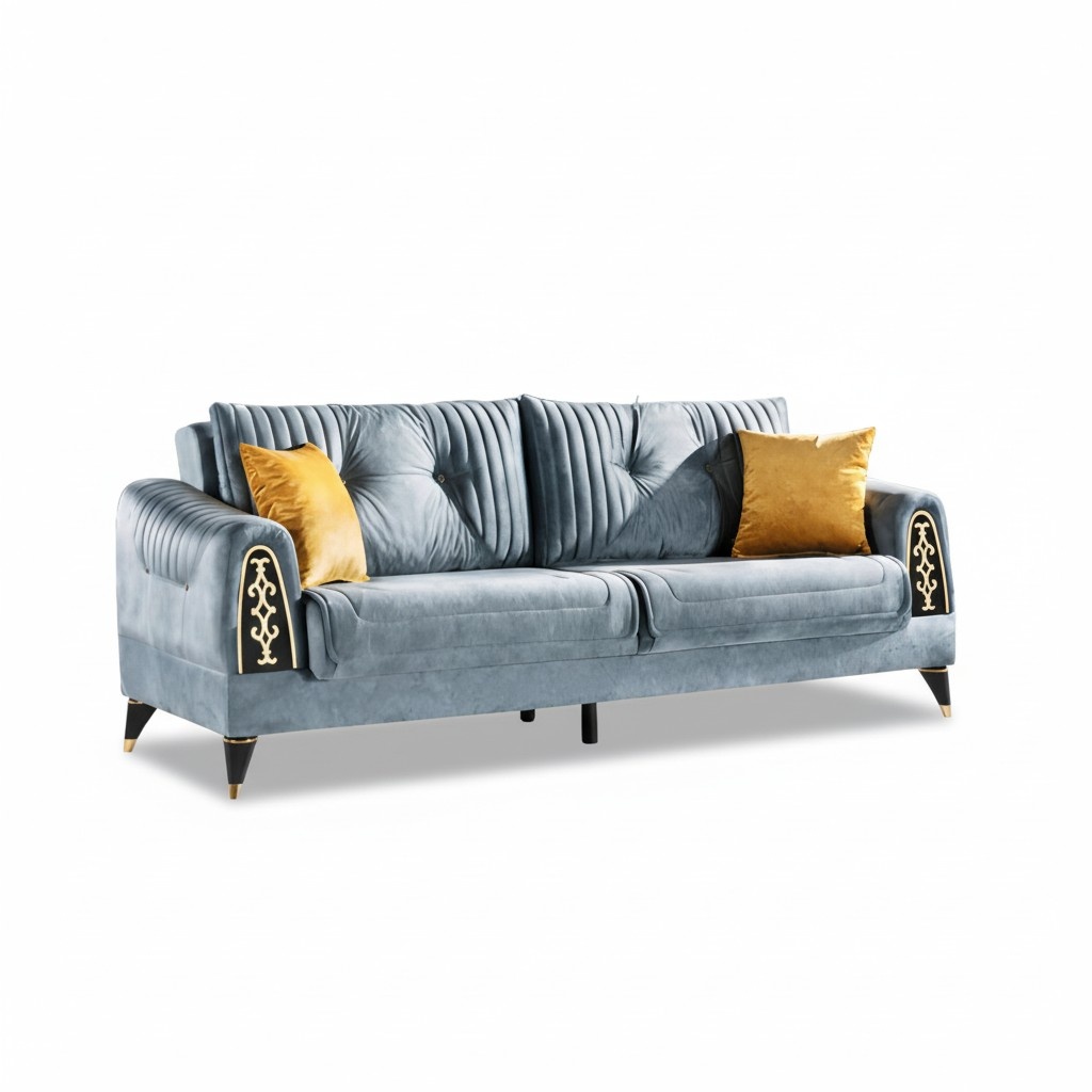 Sofa 3-Sitzer Grau Einfarbig Edelstahl Schwarz Fuße Wohnzimmer Modern