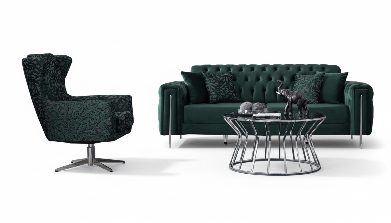Sofa 3 sitzer mit Sessel Grün Chesterfield Couchgarnitur Wohnzimmer