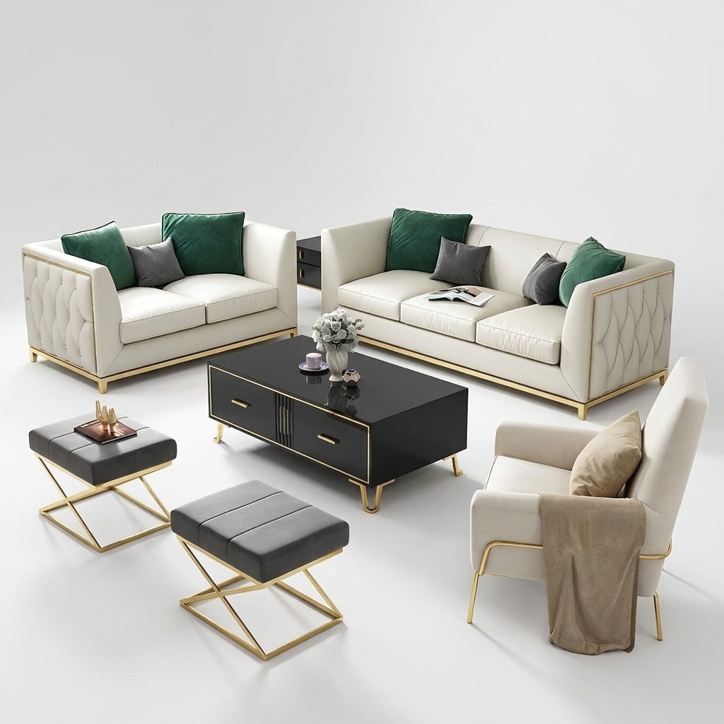 Sofa Polster Sitz Couch Garnitur Stoff Wohnzimmer Sofas Set 2tlg Hocker