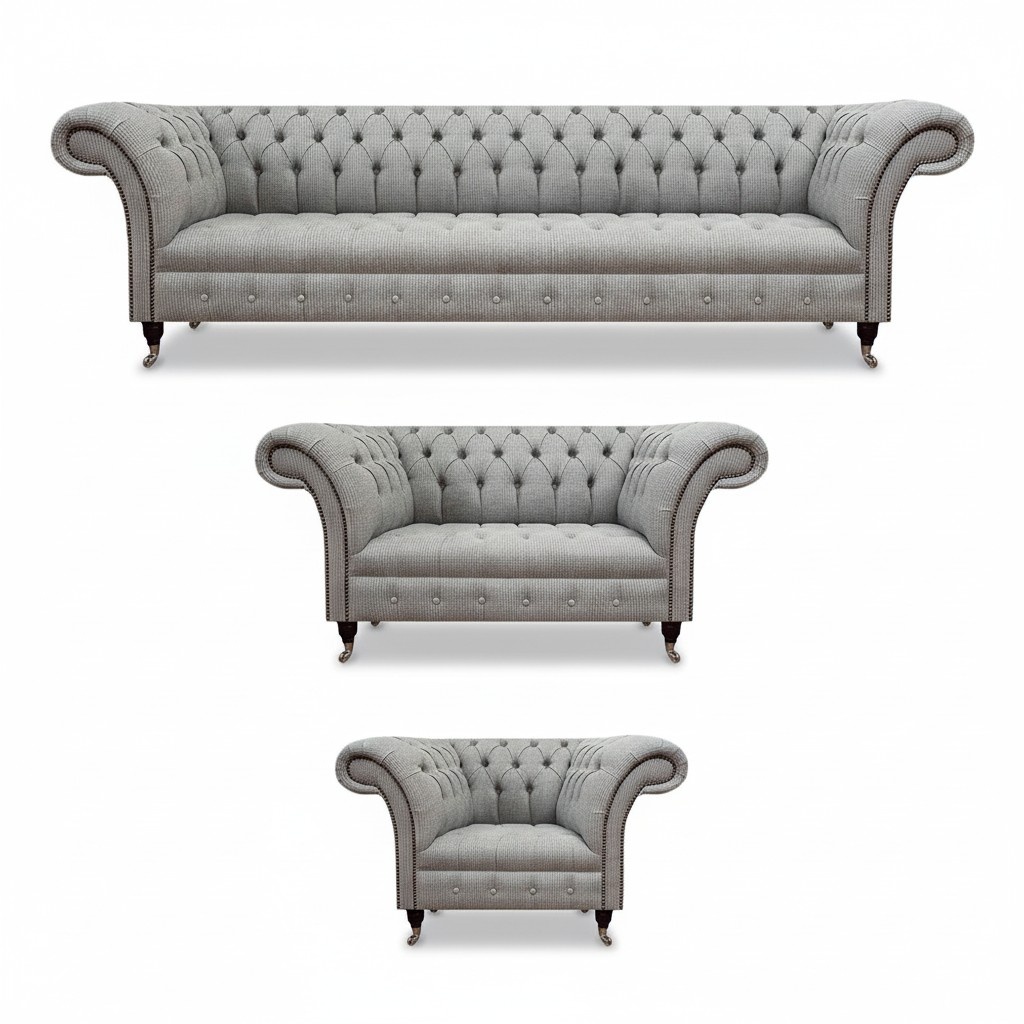 Sofa Set Neu Grau Komplett Chesterfield Wohnzimmer Design Modern Textil