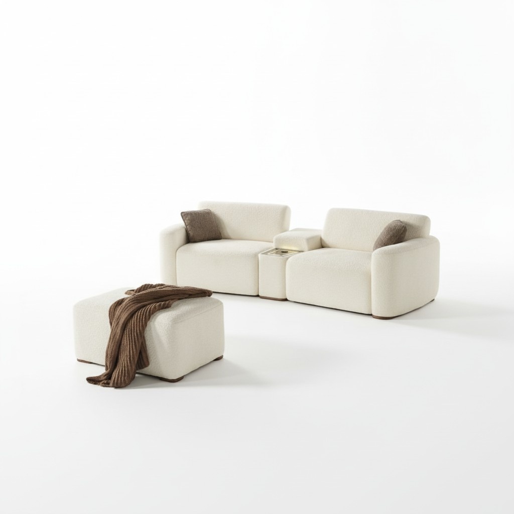 Sofa-Set Sofa 4 Sitzer Puff Weiß Polstersofa Sofagarnitur Wohnzimmer